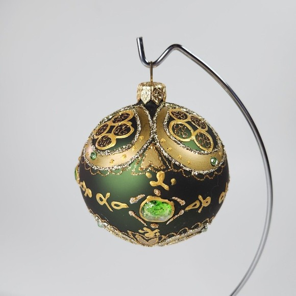 Hand Painted Green Gold Gem Glitter Christmas Tree Bulb Glass Ornament - Picture 4 of 7